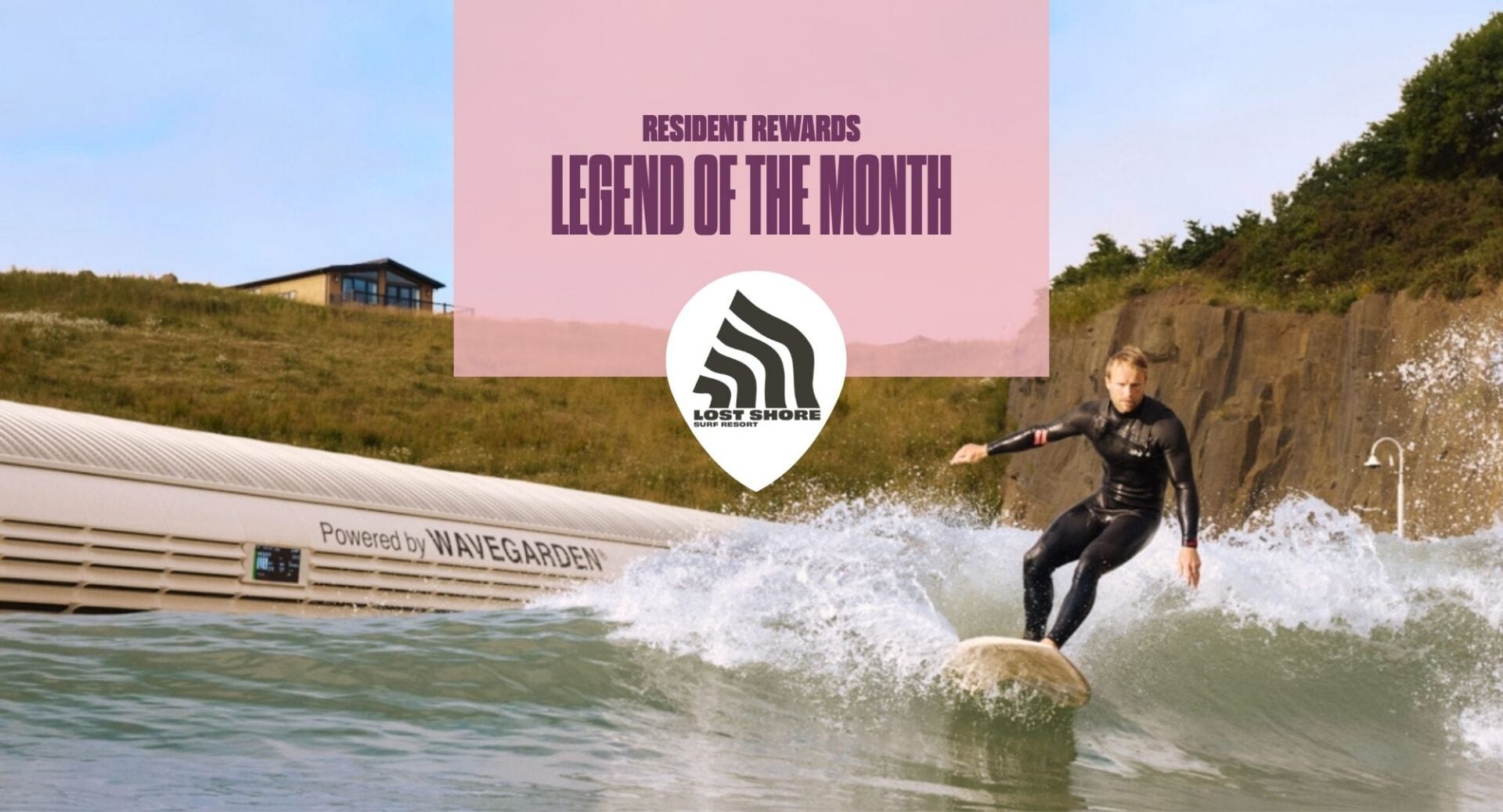 Image of a surfer catching a wave at Lost Shore Surf Resort. Also there is a pink box with the words Resident Rewards Legend of the Month and the Lost Shore logo.