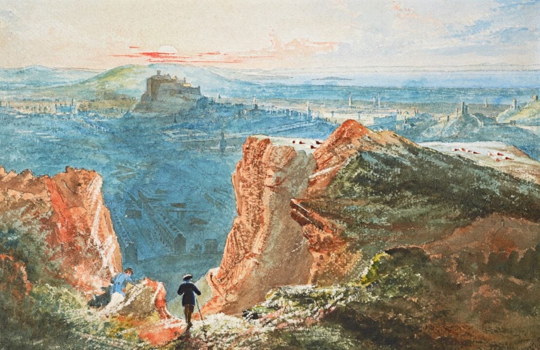 Painting of man standing at the top of a hill, with a view of a castle in the distance.