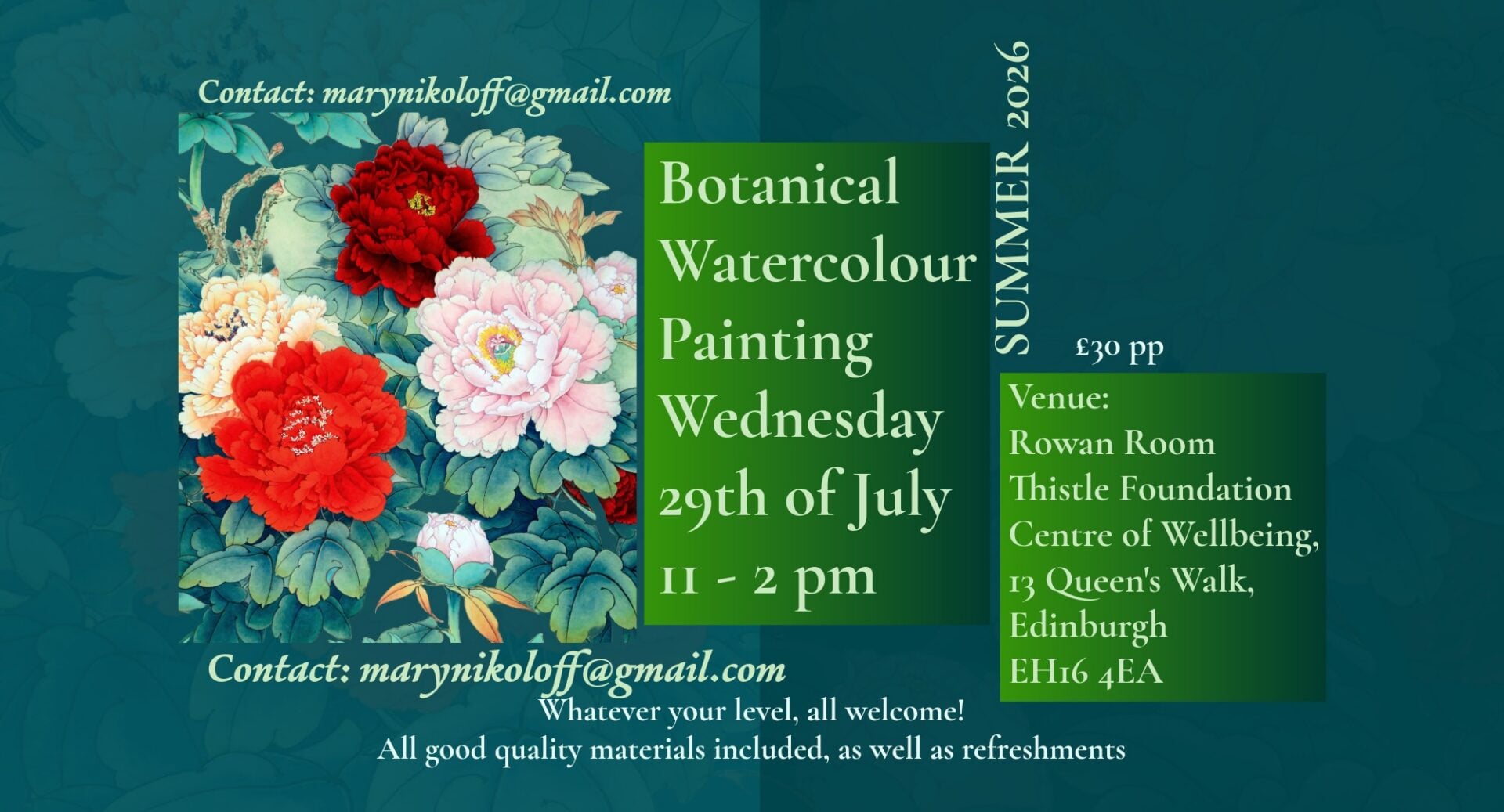 Poster for Botanical Watercolour Painting Sessions, with images of red and pink flowers.