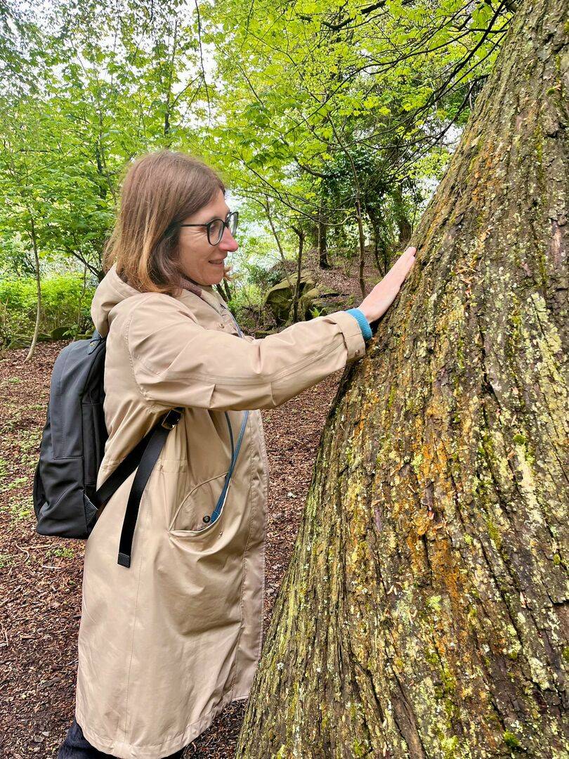 lady rubbing her hand over tree bark at Corstorphine Hill