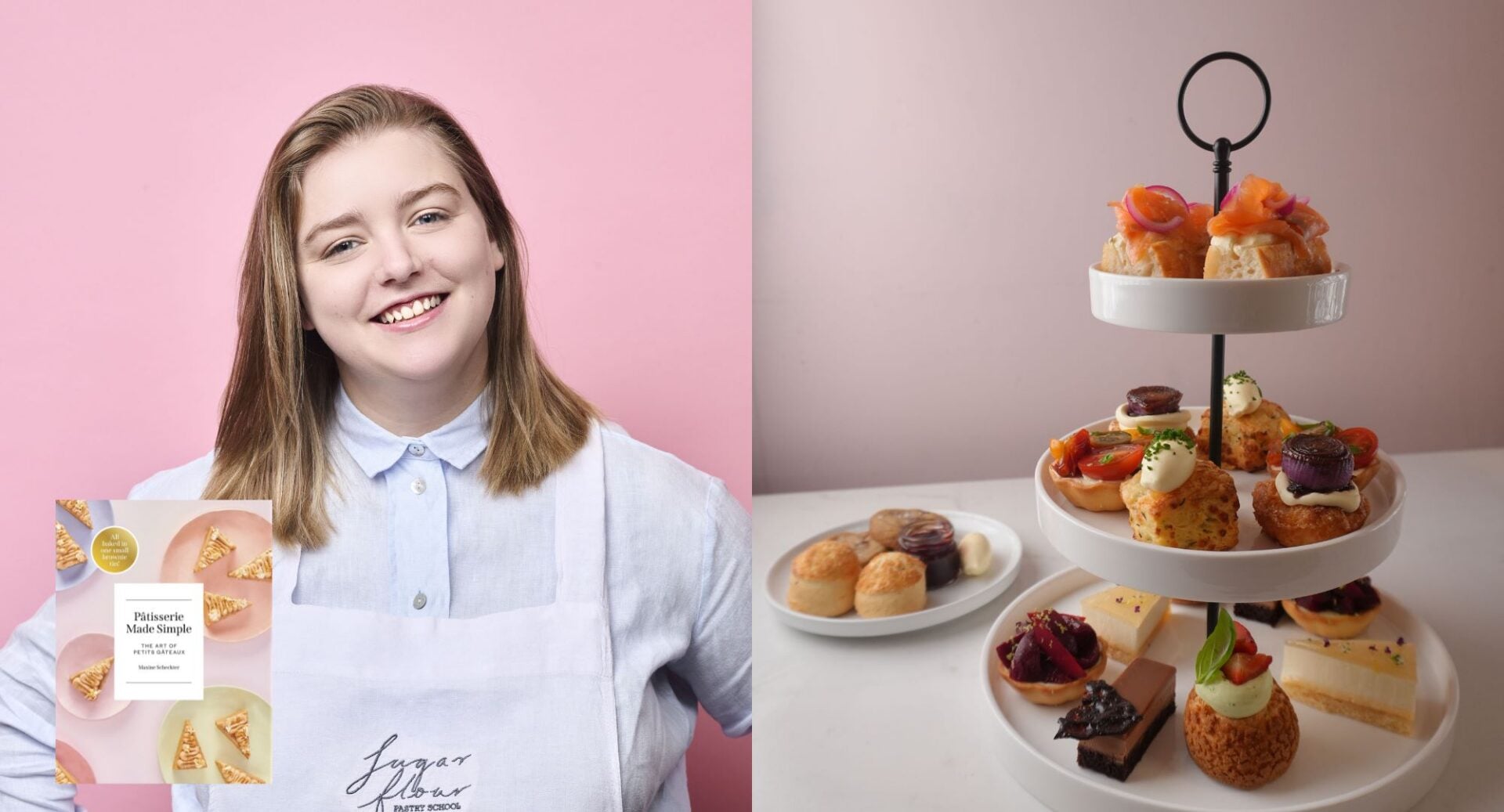 A woman in a white chef's apron, and a 3-tier cake stand filled with sandwiches, pastries and cakes.