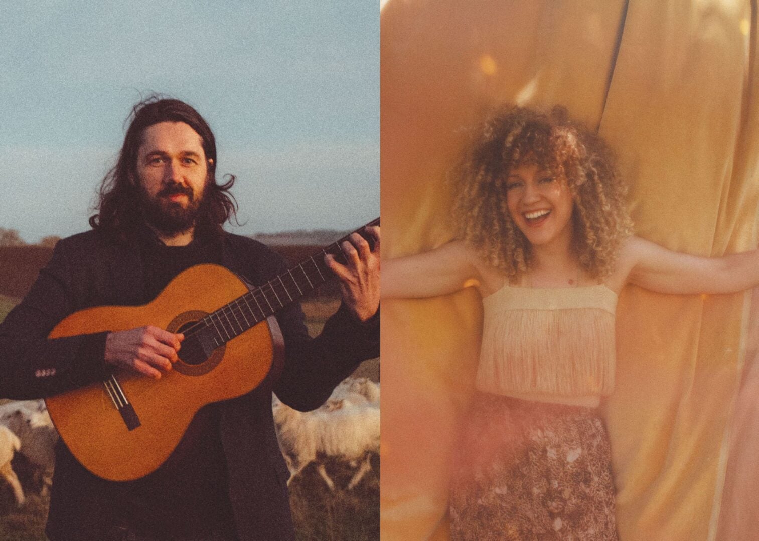 Image of a man holding a guitar, alongside a woman holding out her arms.
