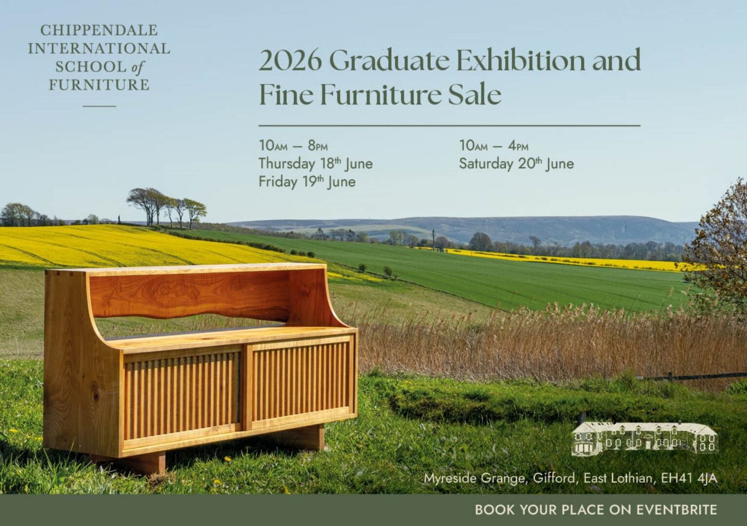 Poster advertising the 2026 Chippendale School Graduate Exhibition. A wooden sideboard sits in a grassy field.