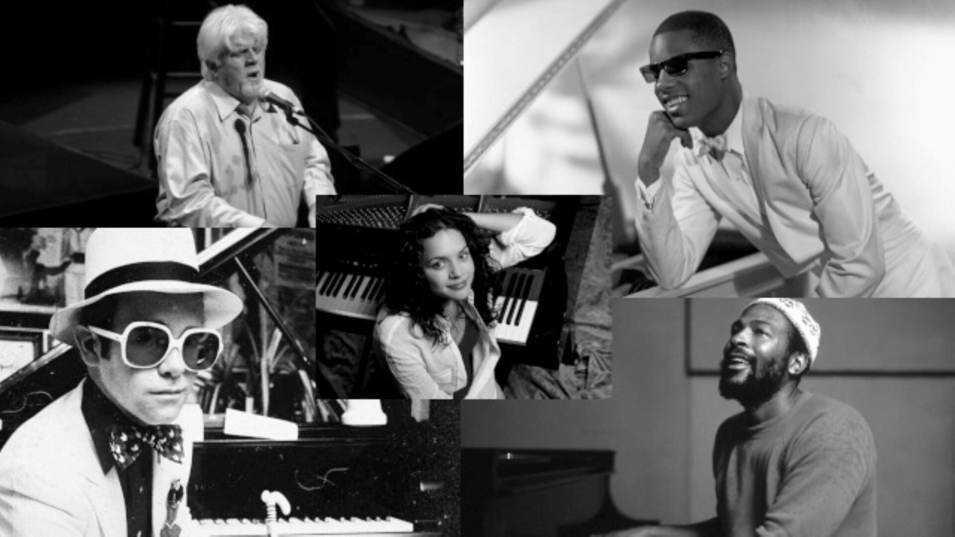 A black and white montage of 5 people playing pianos.