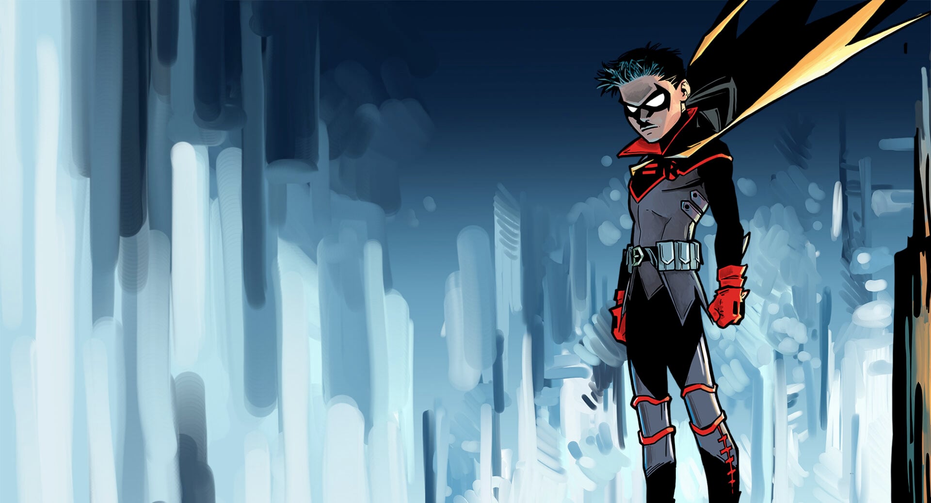 Cartoon image of a figure with a cape, standing against a light blue background.