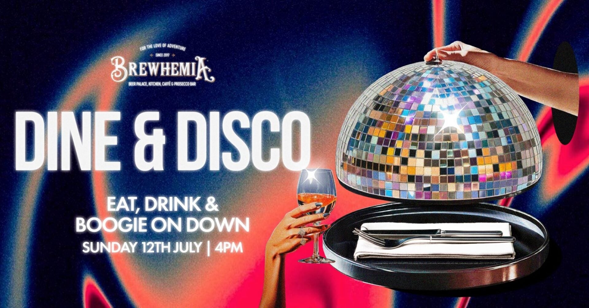Poster for Brewhemia's Dine and Disco, with a disco ball.