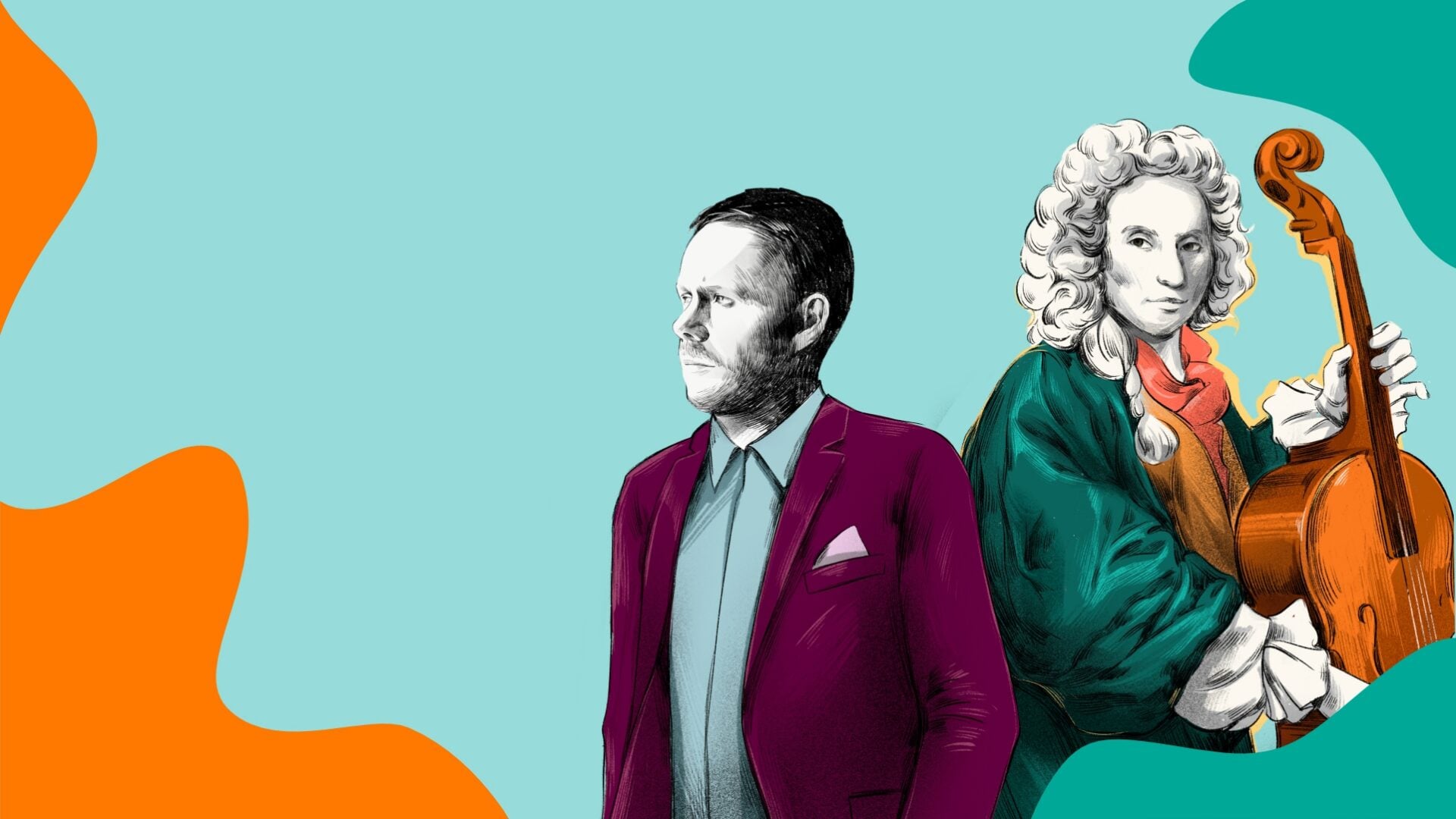 Poster image of Recomposed by Max Richter: Vivaldi, The Four Seasons, featuring one man wearing a modern-day suit, and another in old-fashioned clothing and holding a musical instrument.