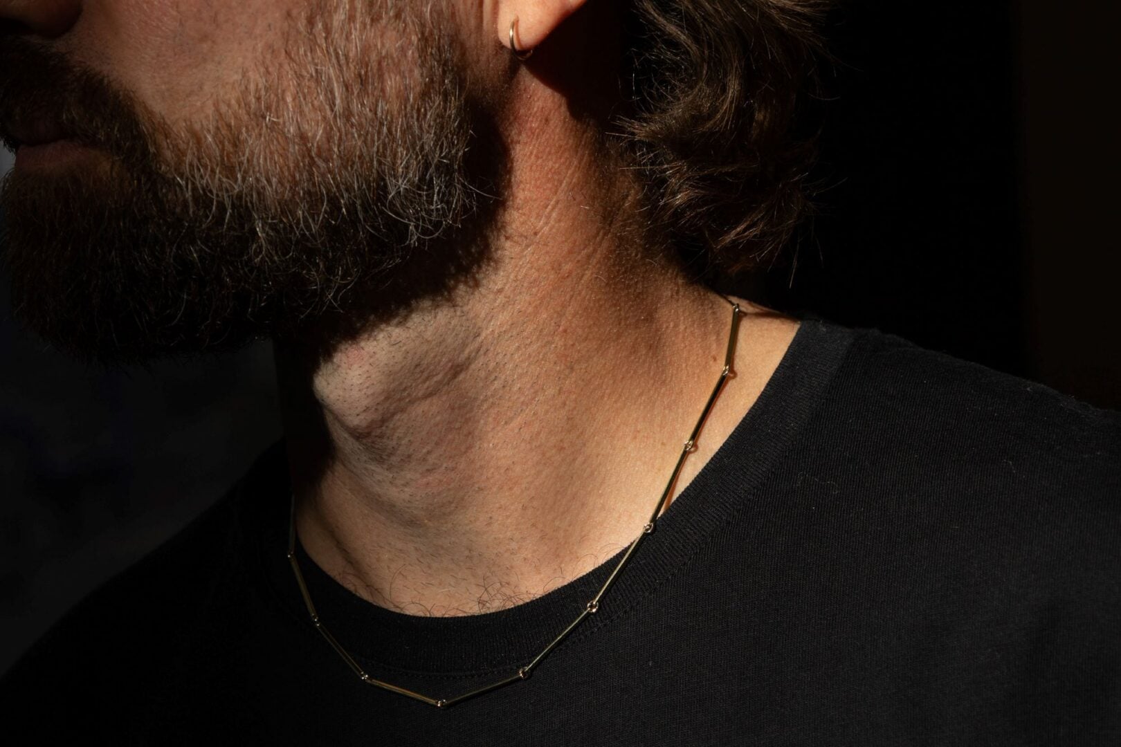 Close-up of a bearded man, wearing a fine gold chain round his neck.
