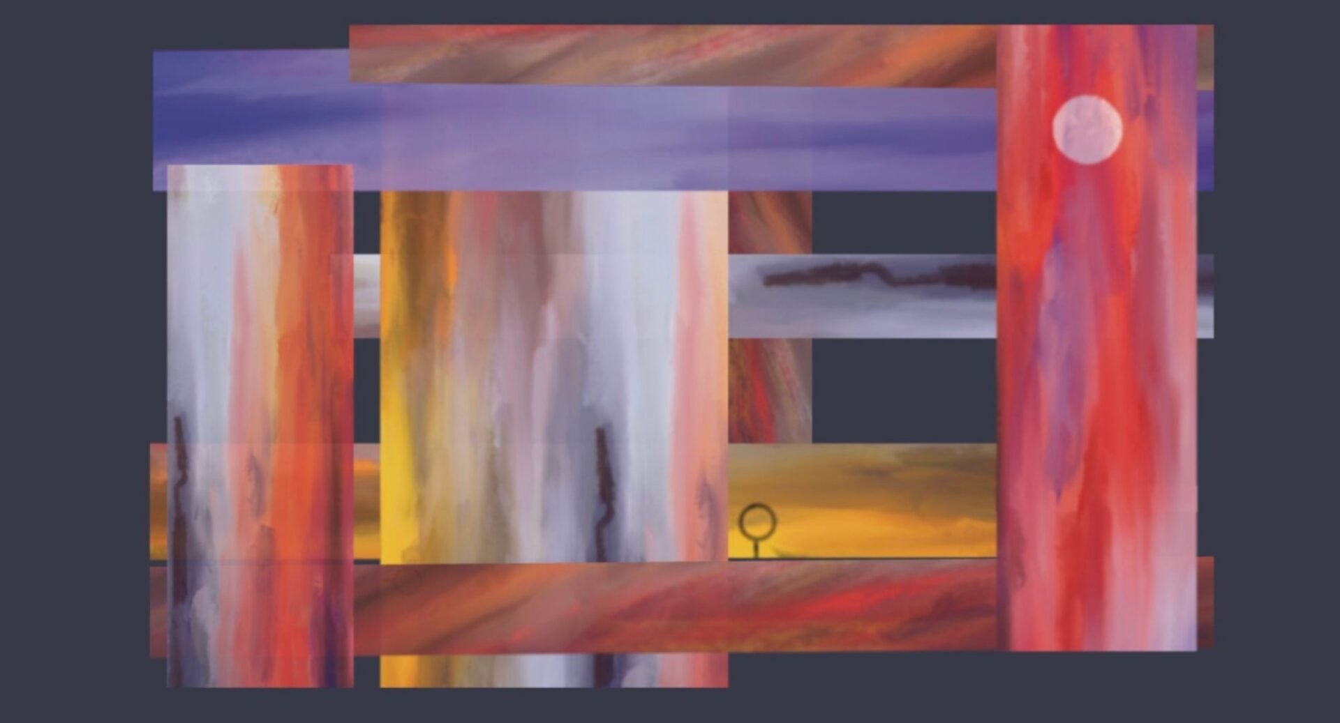 Painting of a series of lines and blocks, in shades of red, purple and grey.