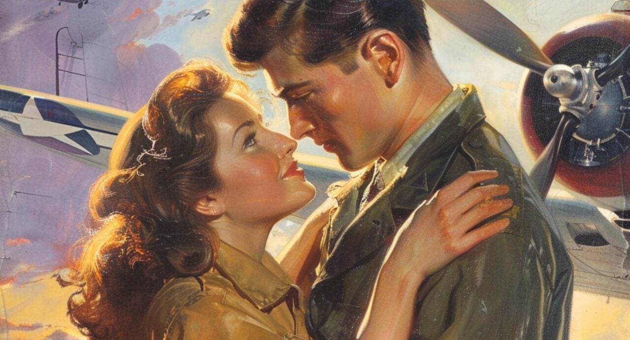 Poster image of a couple looking at each other, with a plane in the background.