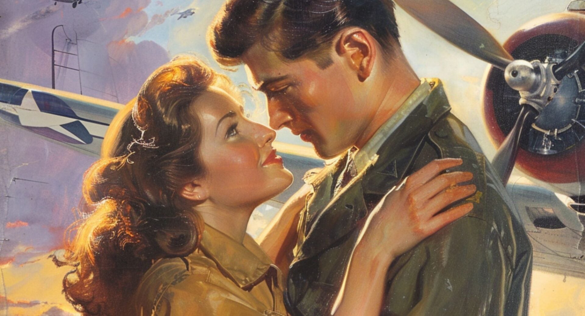 Poster image of a couple looking at each other, with a plane in the background.