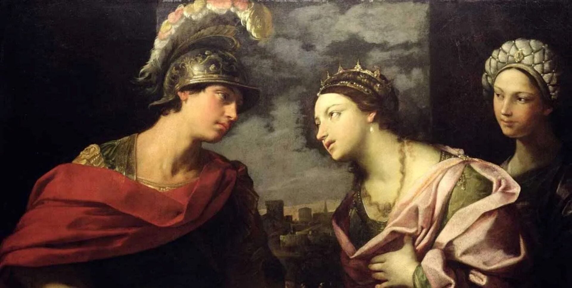 A painting of a man and woman looking at each other, with another woman in the background. The man wears an elaborate helmet, and the woman a crown.