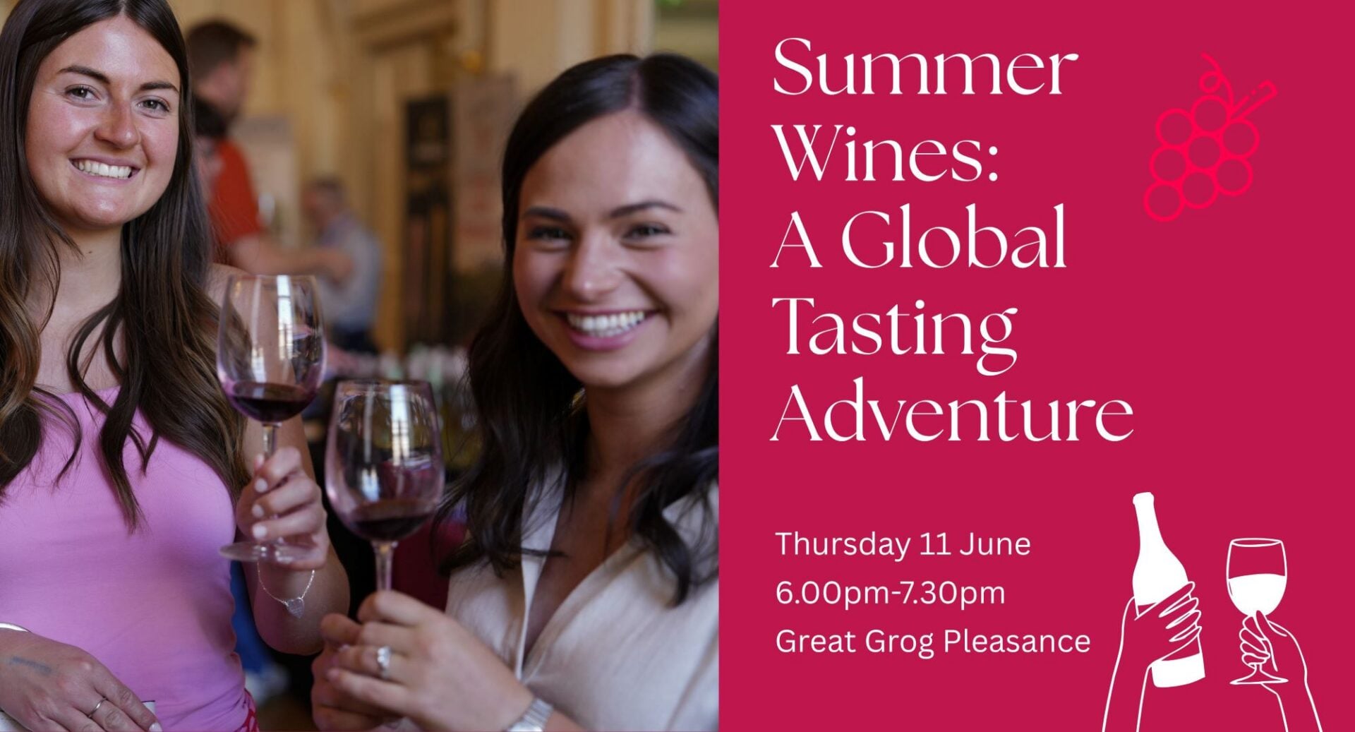 Poster image for Summer Wines A Global Tasting Adventure, showing 2 woman, each holding a glass of red wine.