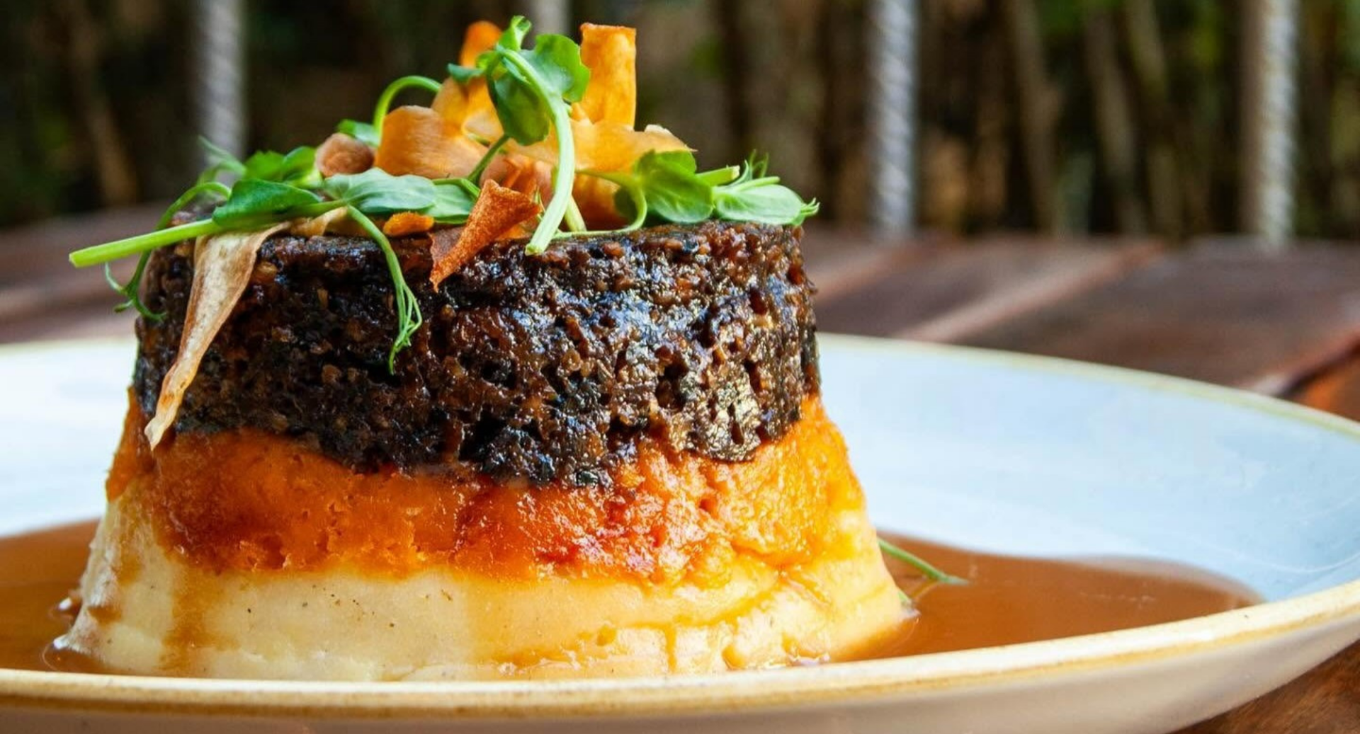 Tower of haggis, neeps and tatties with a whisky sauce