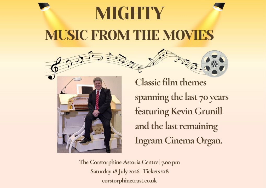 Poster image for Mighty Music from the Movies, featuring a man sitting beside an organ.