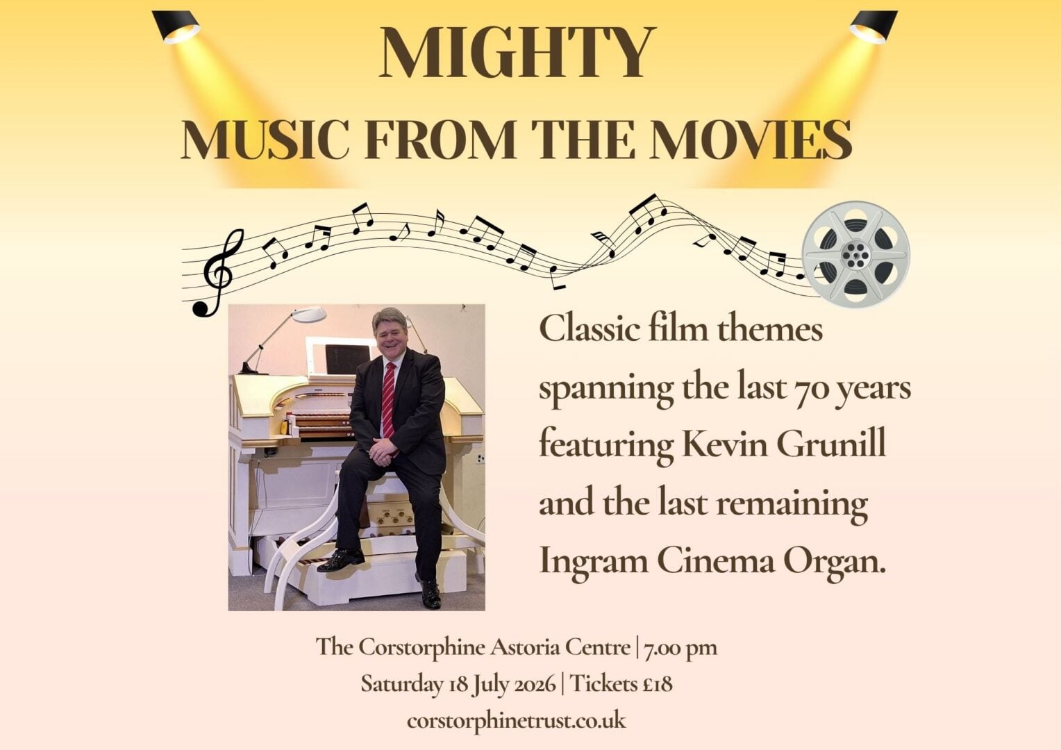 Poster image for Mighty Music from the Movies, featuring a man sitting beside an organ.