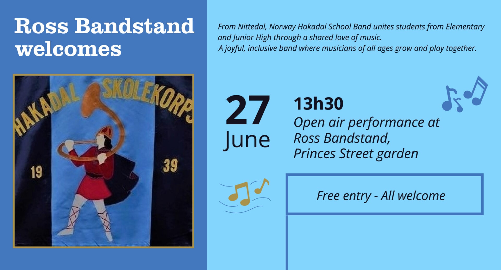 Poster for Hakadal School Band performing at the Ross Bandstand