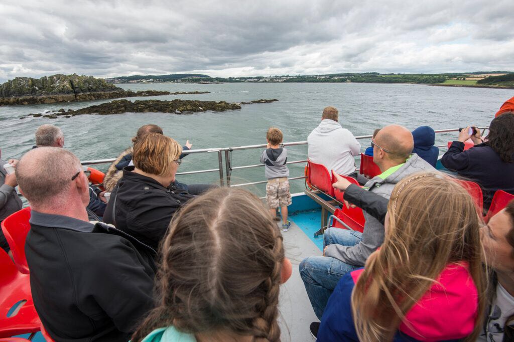 People on Maid of the Forth boat looking at seals on rocks
