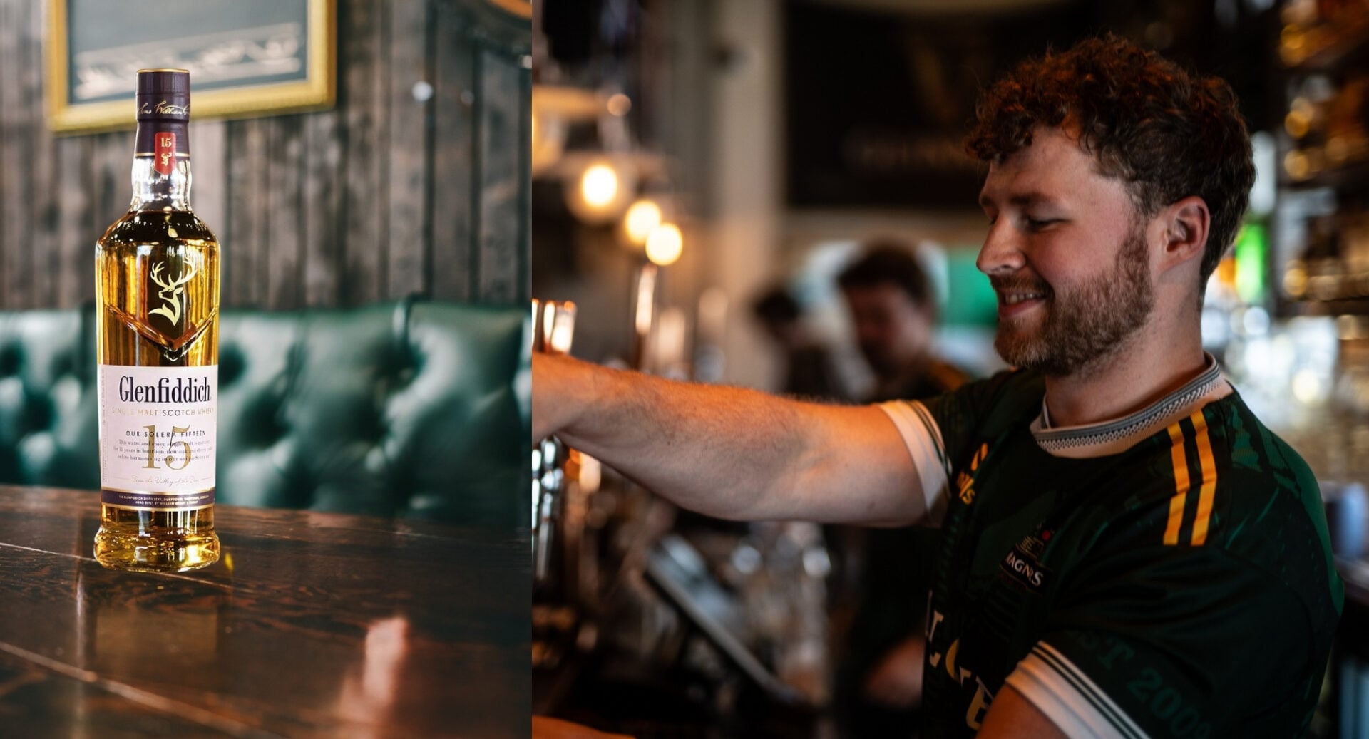 A whisky bottle, and a man pulling a pint of beer.