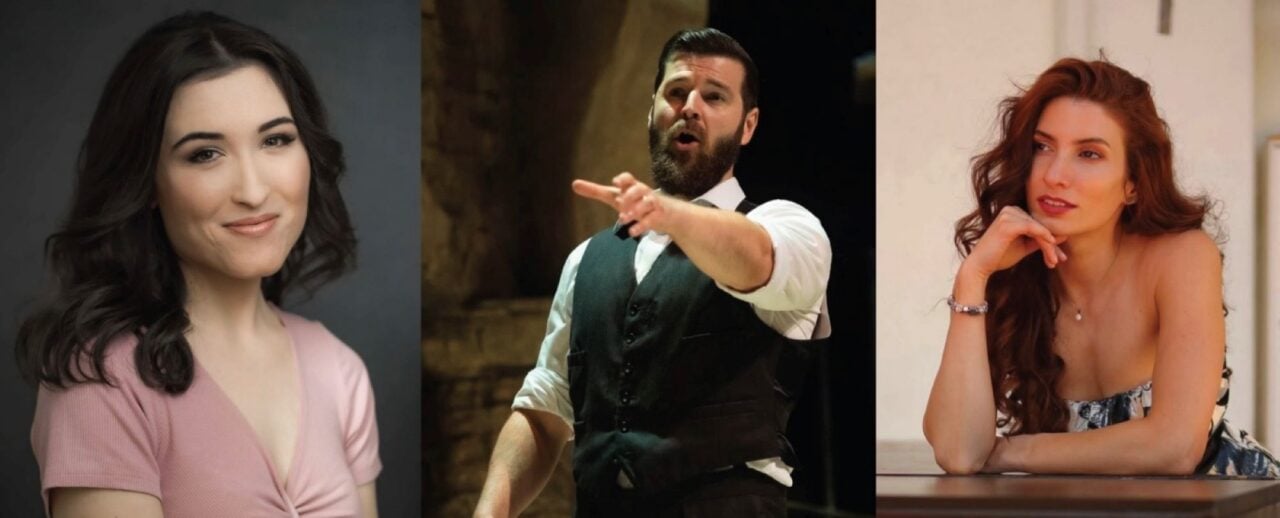 3 images of people - 2 woman, and one man, the latter of which is singing.
