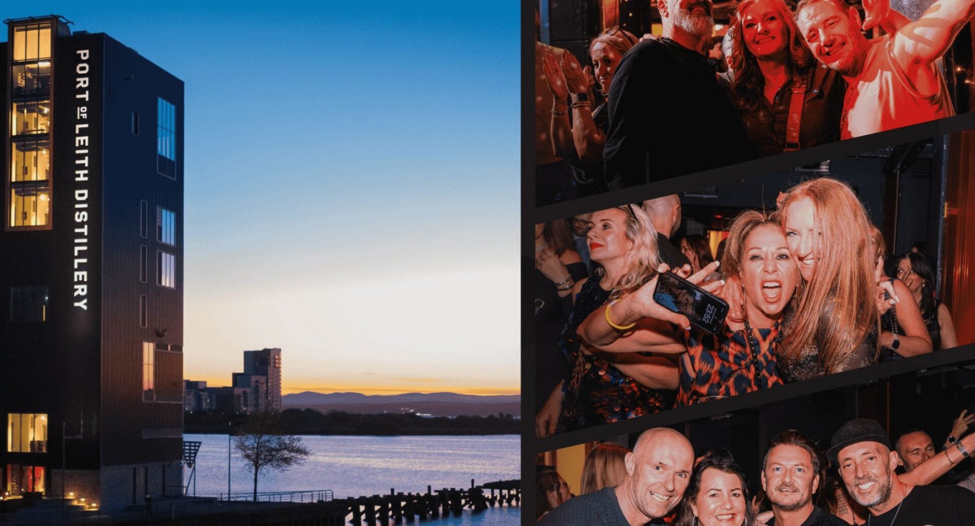 Collage of images, featuring a tall building at night-time, and people at a music event.