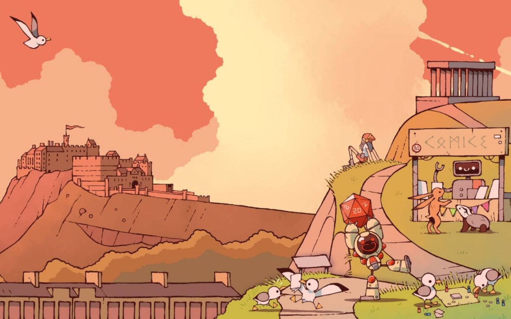 Cartoon image of a hill, overlooking a castle.