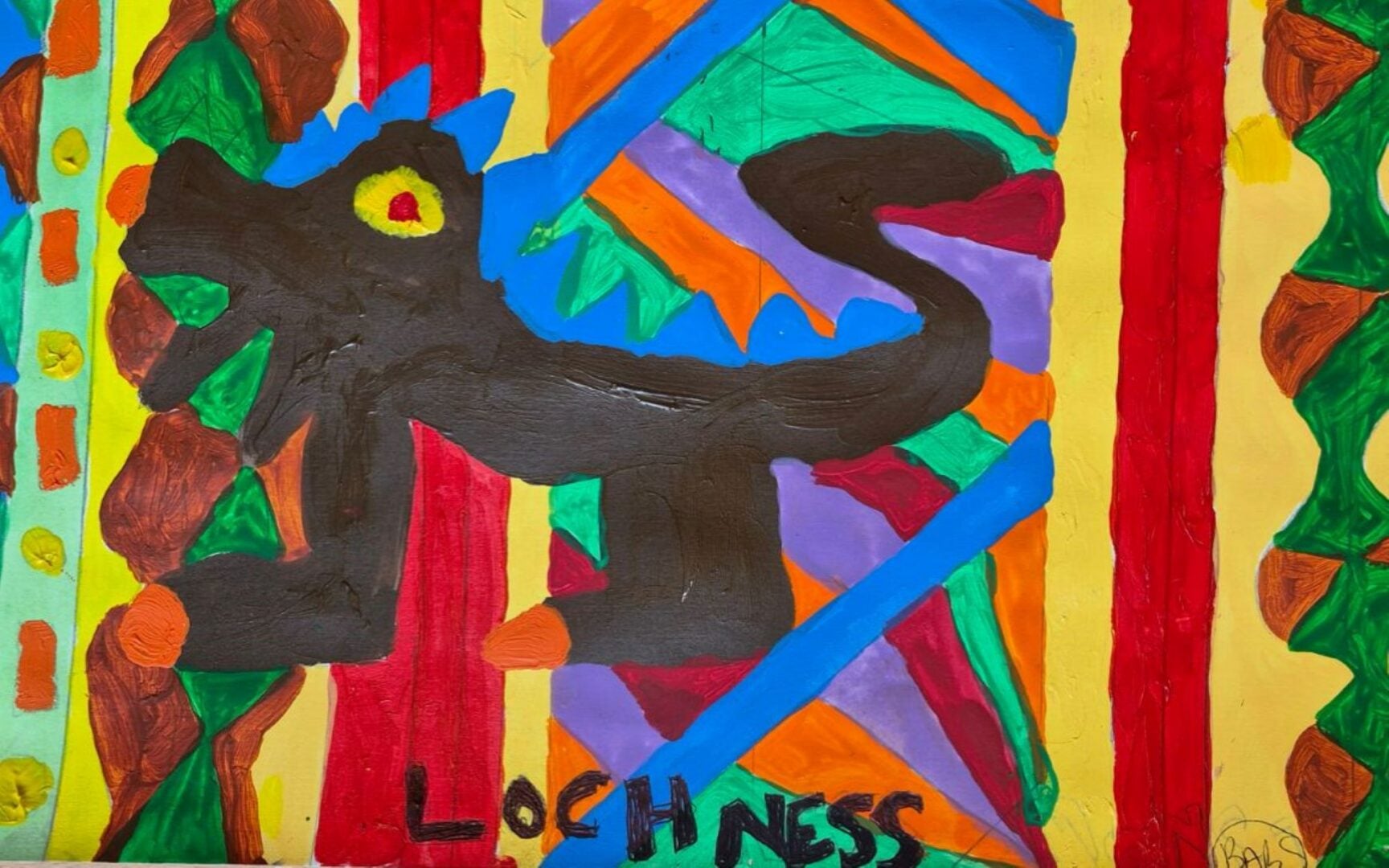 Painting of the Loch Ness Monster, on a colourful background.