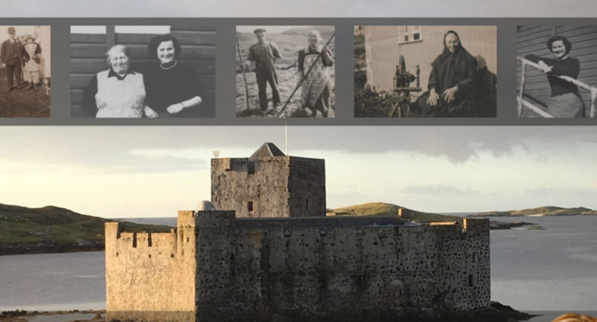 An image of a castle, below a series of black and white photos.