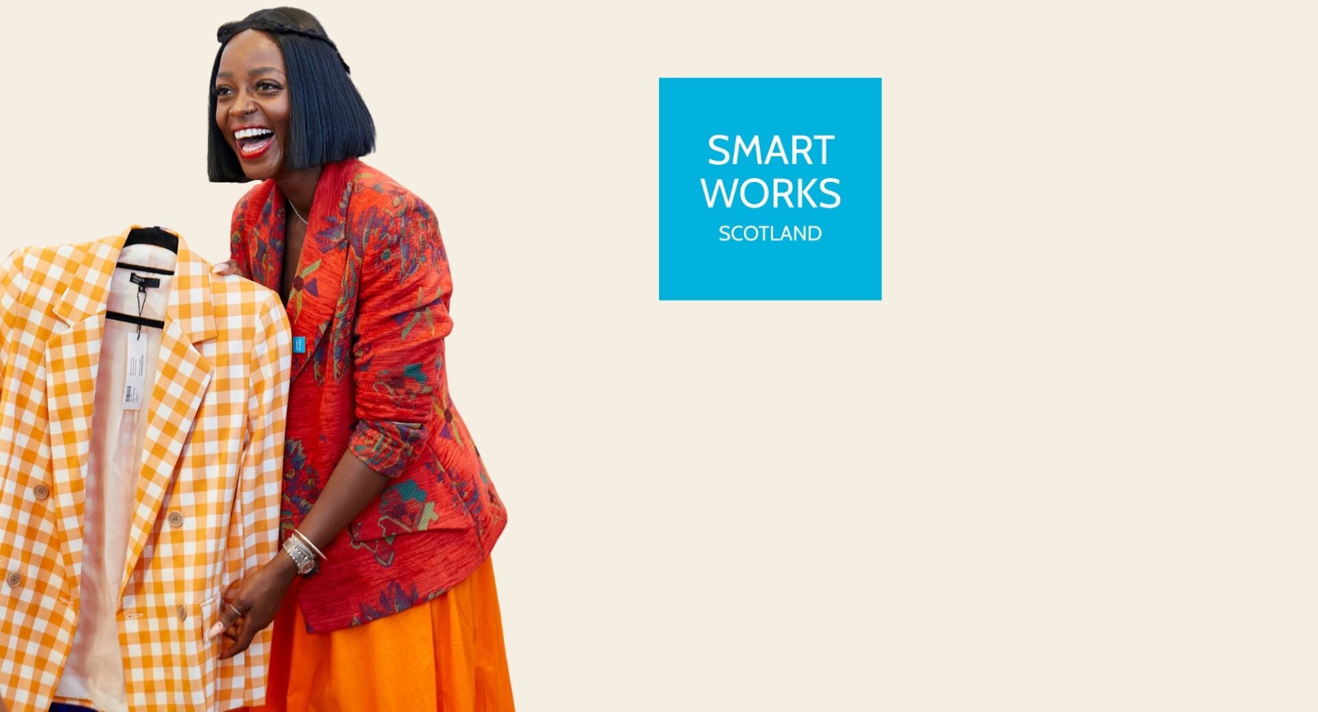 Poster image for Smart Works Scotland - End of Summer Sale, with a woman holding up a jacket on a hanger.