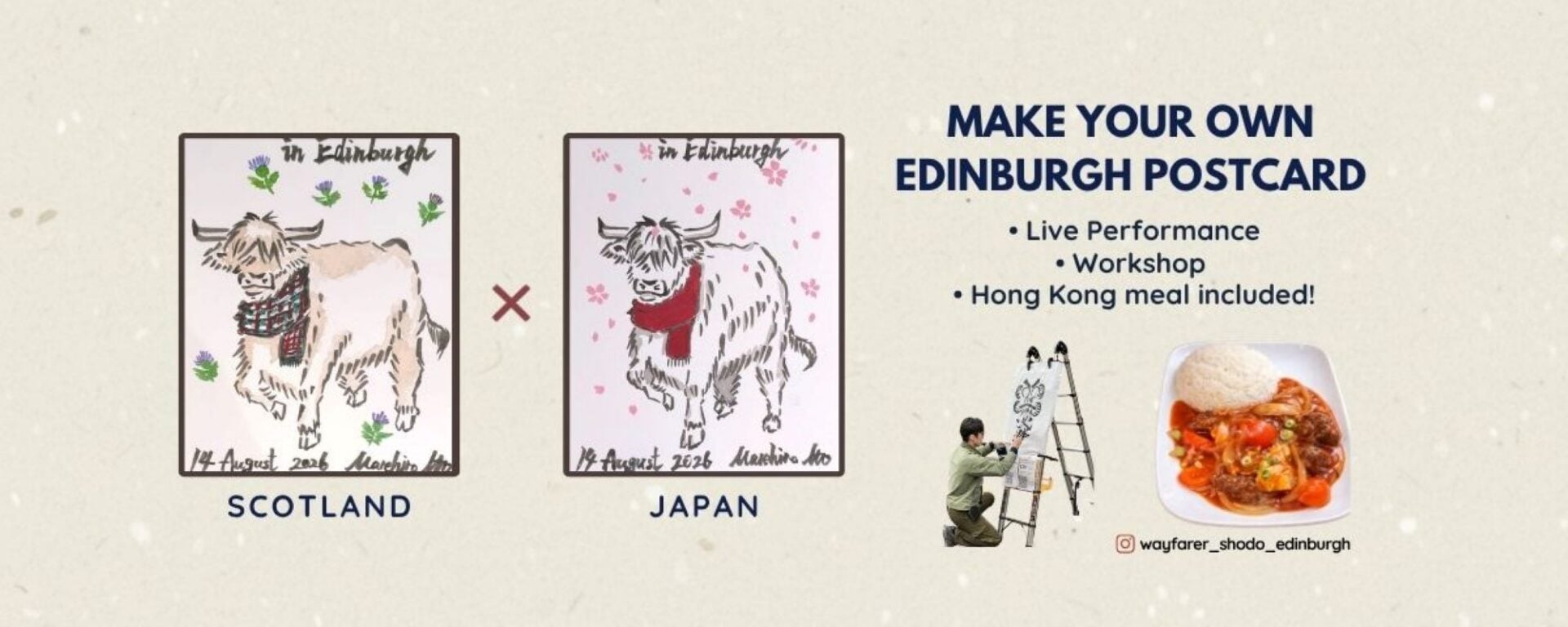 A poster for Make Your Own Edinburgh Postcard: Scotland Meets Japan, featuring 2 pictures of Highland cows.