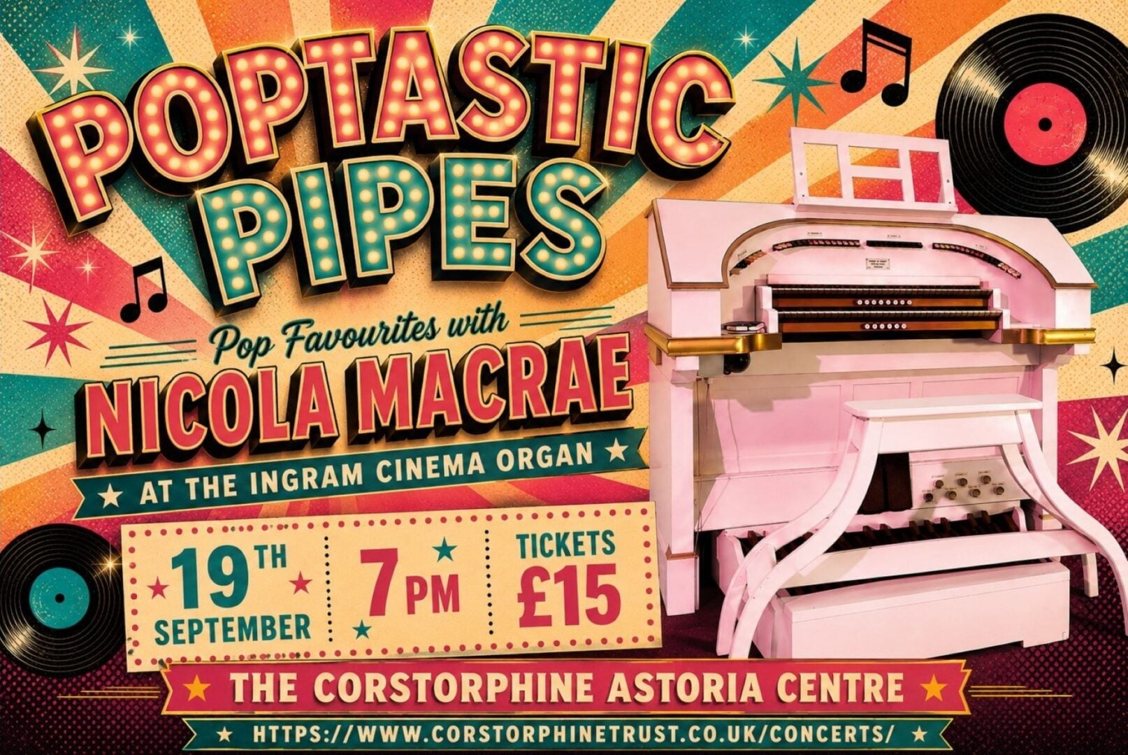 Poster image for Poptastic Pipes, with a light pink musical organ.