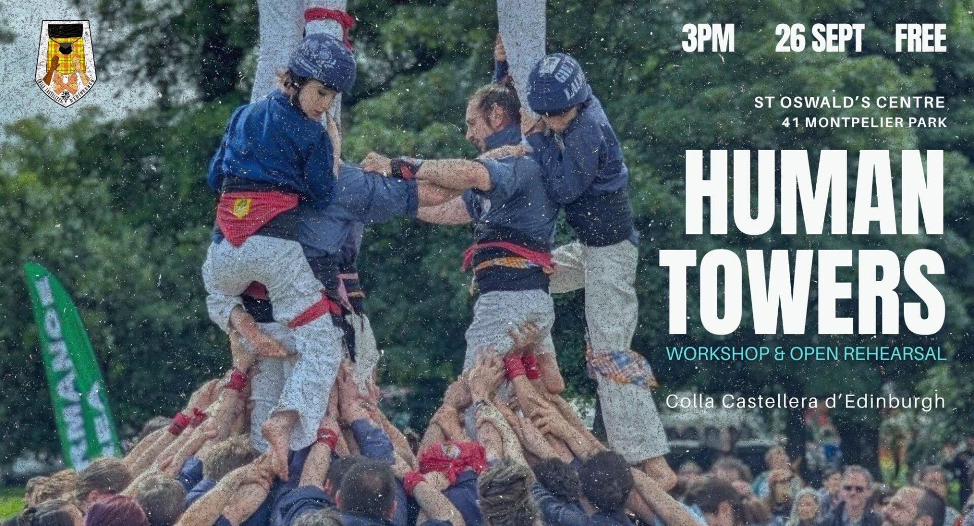 Poster for Catalan Human Towers, featuring a group of people climbing on top of each other to make a tower.