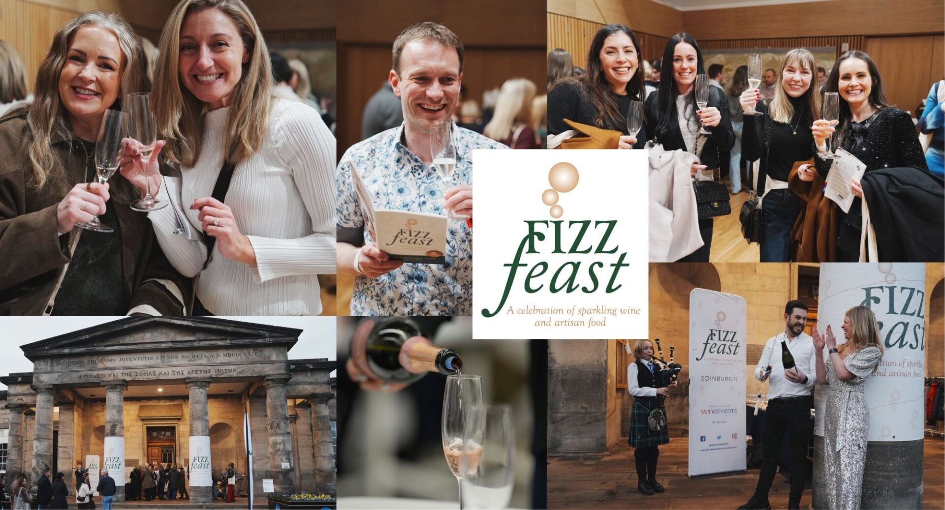 Montage of 6 images, featuring people enjoying glasses of fizzy wine.