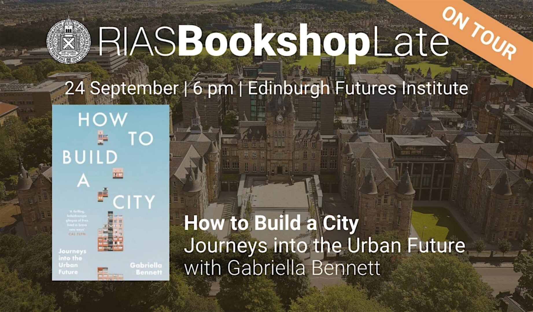 Poster image for How to Build A City - Journeys into the Urban Future with Gabriella Bennett, with a bird's eye view of a large stone building.