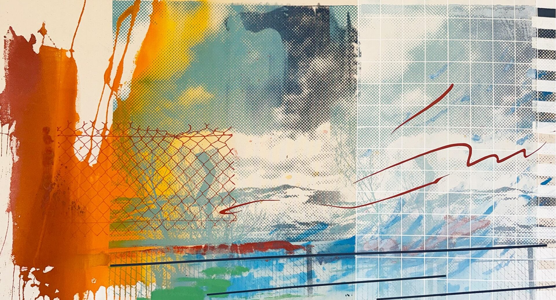 Abstract painting in shades of oarnage, yellow, blue and green.