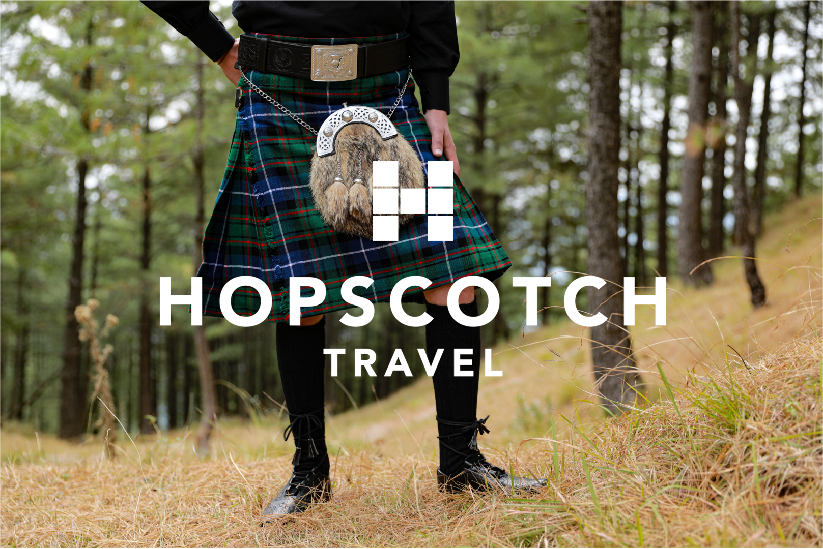Hopscotch Travel logo over an image of a man in a kilt