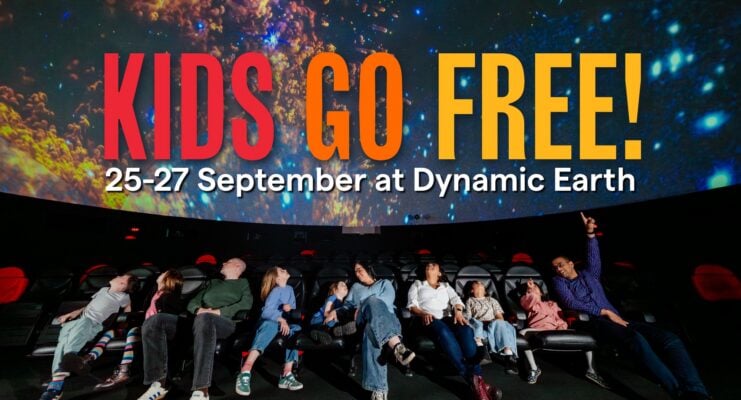Parents and children sitting in planetarium looking up at ceiling. Words have been added to promote World Tourism Days offer of Kids go free at Dynamic Earth.