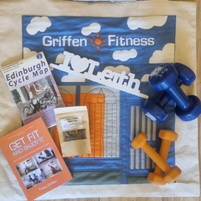 ‘Get Me Fit’ package with book, I Heart Leith sign, Mint tea and Spokes cycle map of Edinburgh