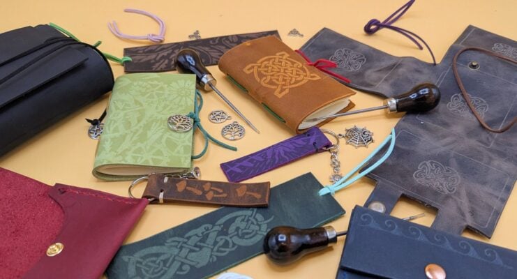 Wheel of Fate etched leather goods
