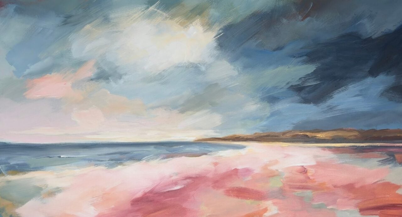 Painting of a seascape, with a dark blue sky.