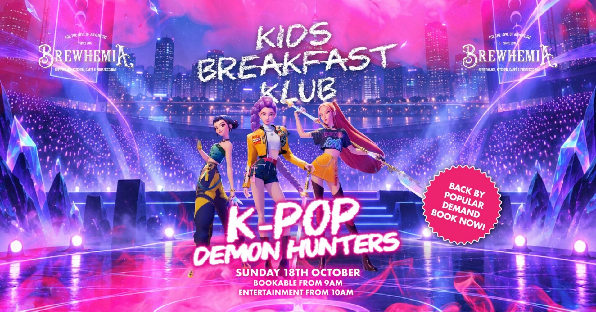 Pink and blue poster image for Kids Breakfast Klub: Kpop Demon Hunters at Brewhemia.