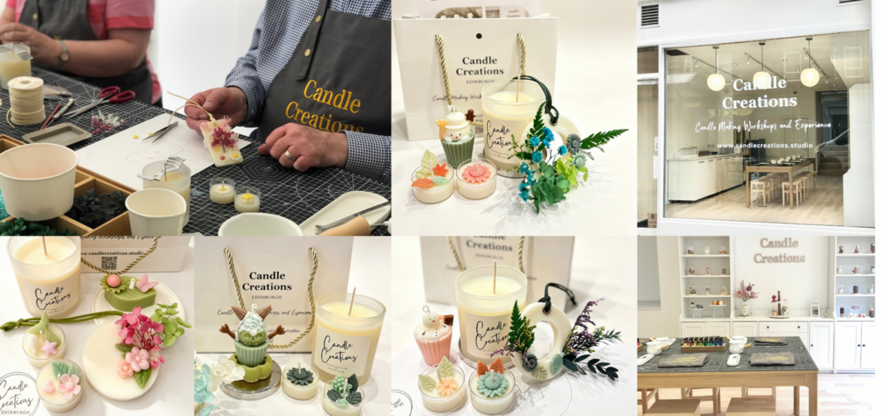 Hands-on candle-making workshop in a boutique Edinburgh studio, where guests create scented candles, decorated tealights and unique wax pieces.,© Candle Creations Edinburgh