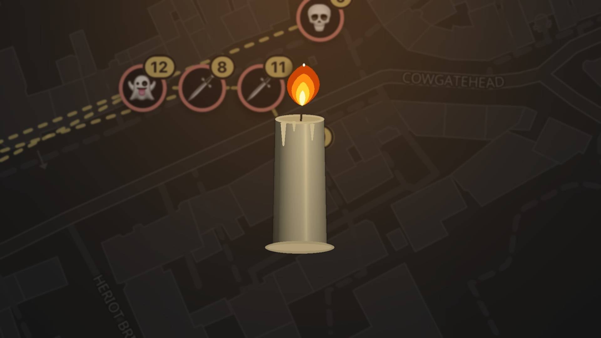 A lit candle over a dark map of Edinburgh's Old Town, with story markers along the route,© Last Candle Studios