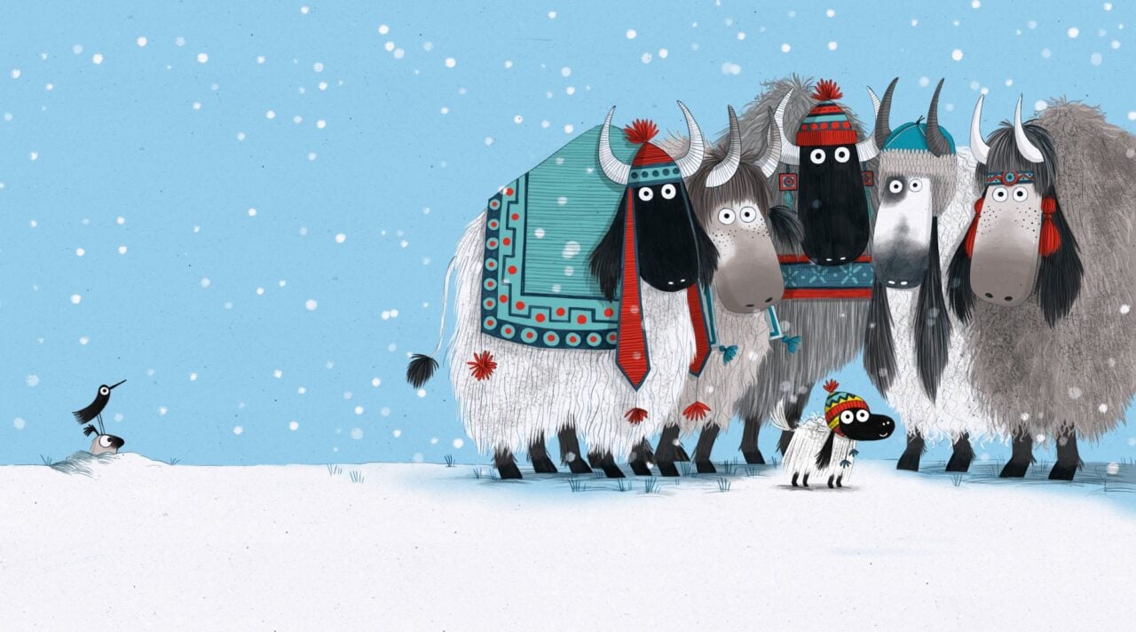 Cartoon image of 5 large and 1 small yak, all of whom are wearing woolly hats.