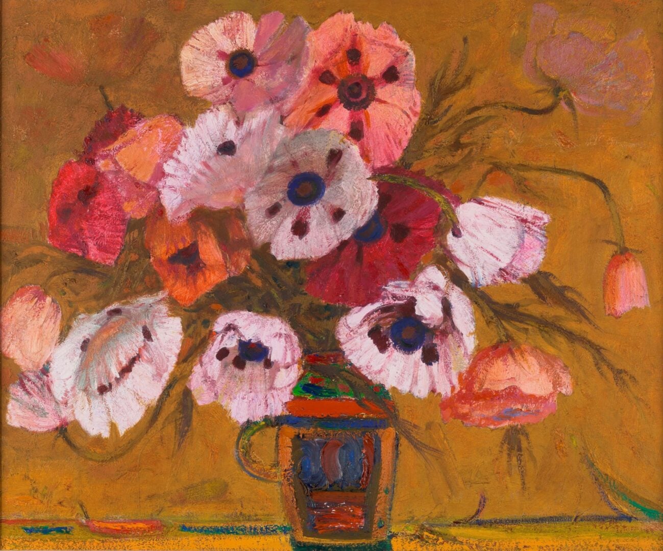 Painting of pink and red flowers in a vase.