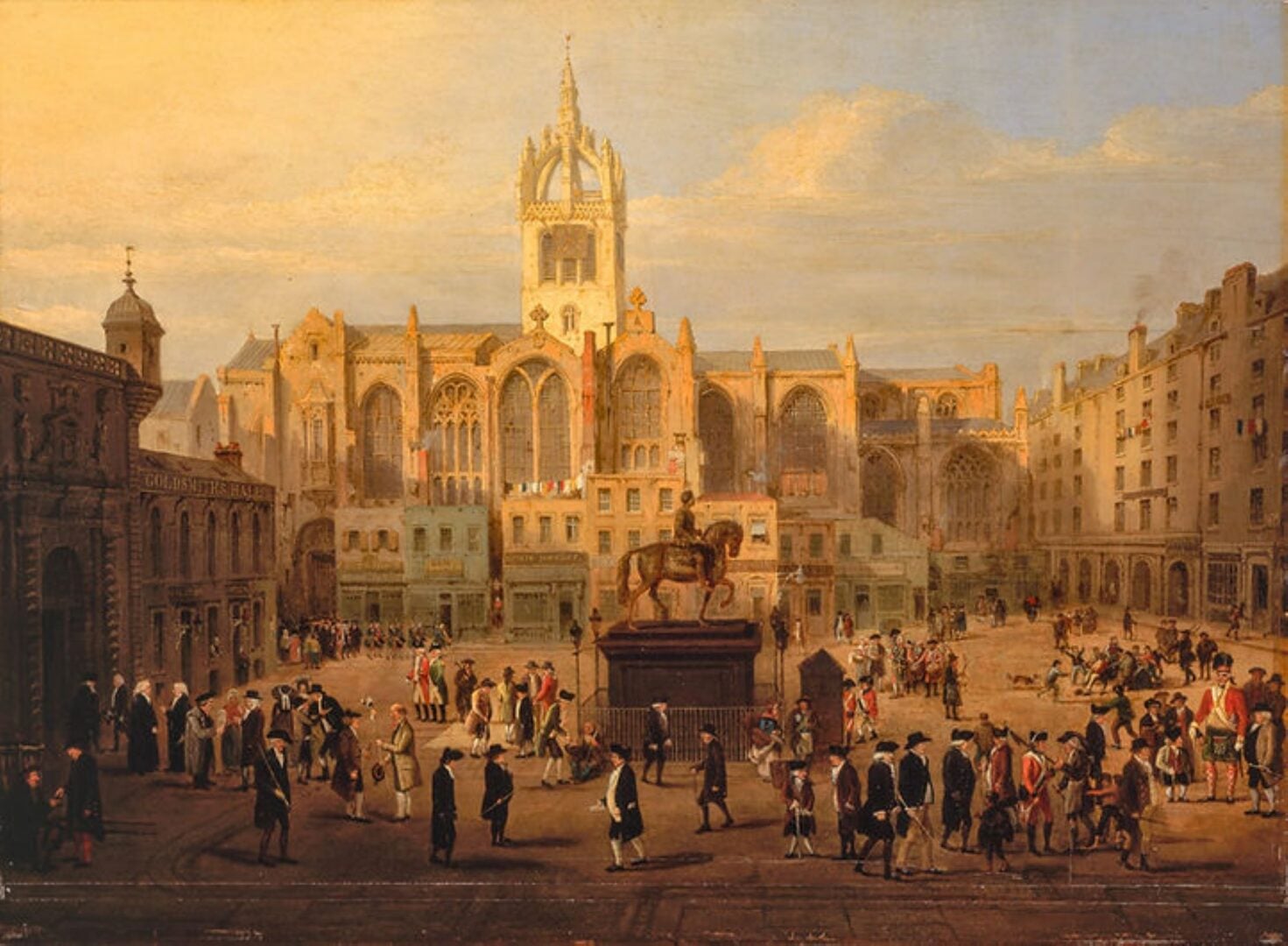 Painting of a city square busy with people, with a church spire in the background.