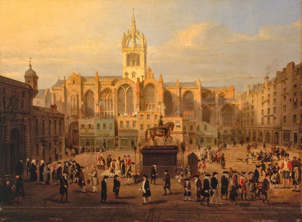 Painting of a city square busy with people, with a church spire in the background.