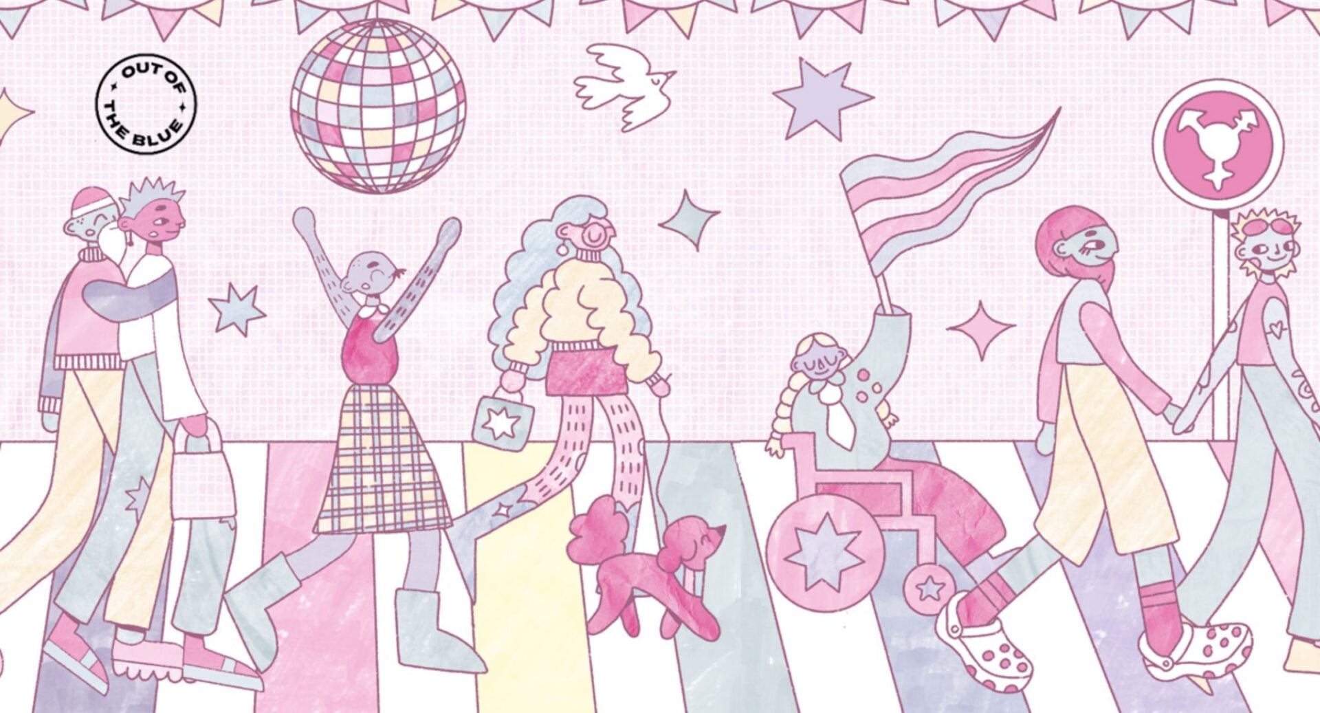 Cartoon image of pink and blue, of people walking along a coloured path.