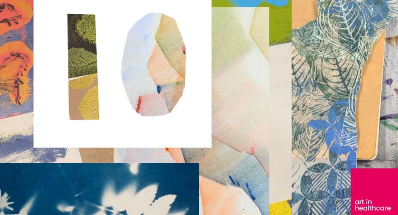 Collage painting, featuring different coloured backgrounds, and the number 10 in the top left corner.