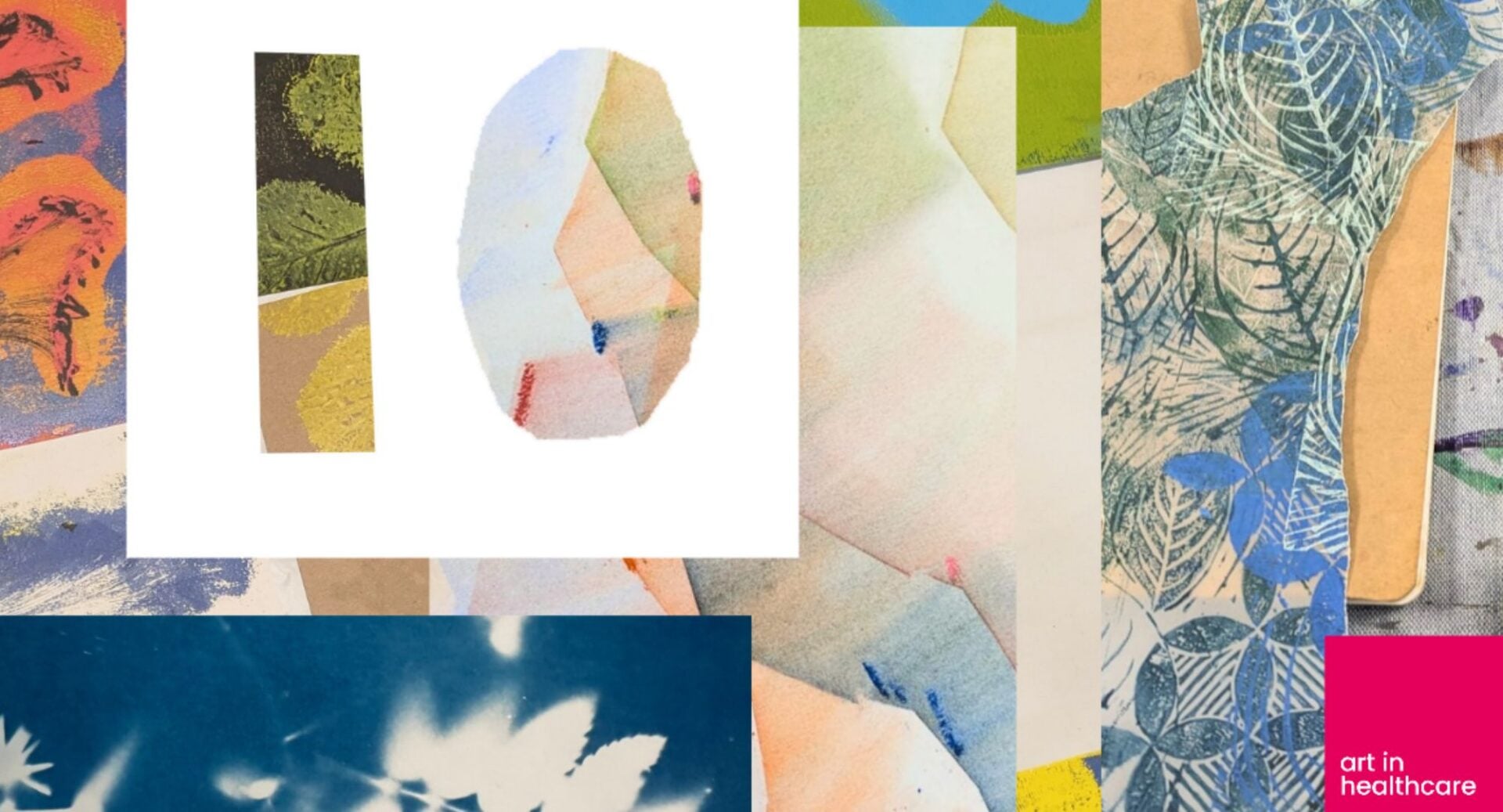 Collage painting, featuring different coloured backgrounds, and the number 10 in the top left corner.